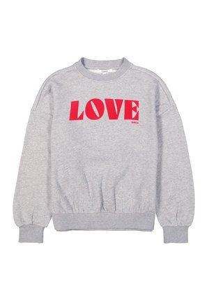 Sweatshirt gris à manches longues, avec des poignets et un ourlet côtelés. Présente un grand imprimé rouge "LOVE" sur le devant et un col rond.