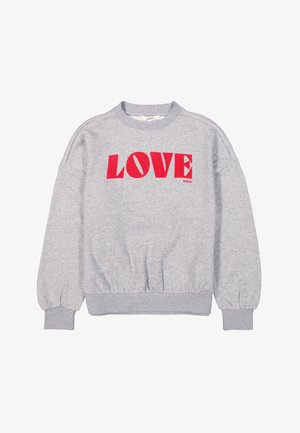 Grijze sweatshirt met lange mouwen, geribde manchetten en zoom. Beschikt over een grote rode "LOVE" print op de voorkant en een ronde halslijn.