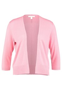 Różowy dziany kardigan z dekoltem w szpic, otwartym przodem i rękawami do łokcia. Posiada prążkowane mankiety i dół oraz teksturowaną podszewkę.