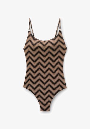 Braun-schwarz gemusterter Einteiler mit Zickzackdesign, dünnen verstellbaren Schultergurten und einem runden Ausschnitt.