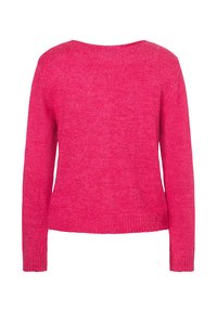 Roze gebreide trui met lange mouwen, ronde halslijn en geribde zoom. Zachte textuur en effen kleur zonder patronen of versieringen.