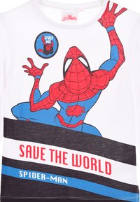 Biała bawełniana koszulka z grafiką Spider-Mana w czerwono-niebieskich kolorach. Napis "URATUJ ŚWIAT" w pogrubionej czerwieni oraz "SPIDER-MAN" poniżej.