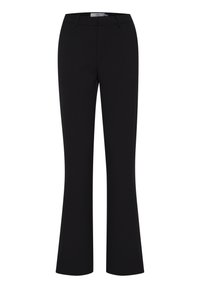 Black flared trousers made from a smooth fabric, featuring a fitted waistband and a clean front design without pockets.