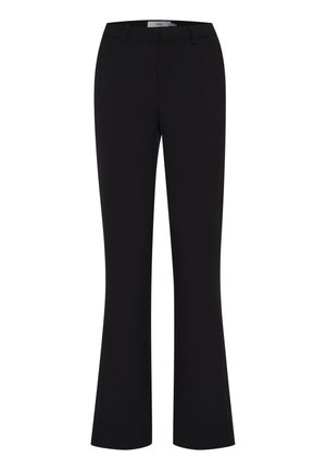 Black flared trousers made from a smooth fabric, featuring a fitted waistband and a clean front design without pockets.