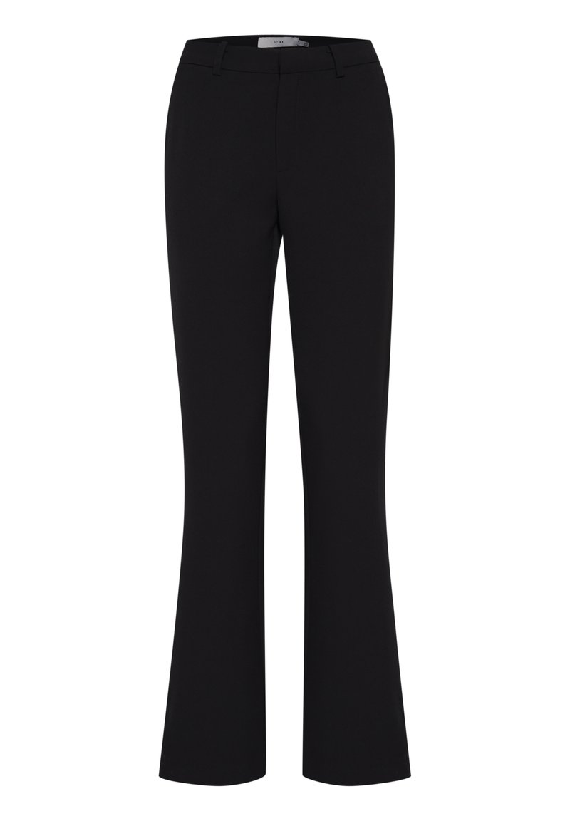 Black flared trousers made from a smooth fabric, featuring a fitted waistband and a clean front design without pockets.