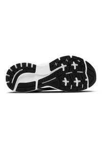 Semelle de chaussure de sport noir et blanc ; caoutchouc texturé avec un motif de semelle pour une meilleure adhérence ; présente des rainures et des accents croisés pour plus de flexibilité.