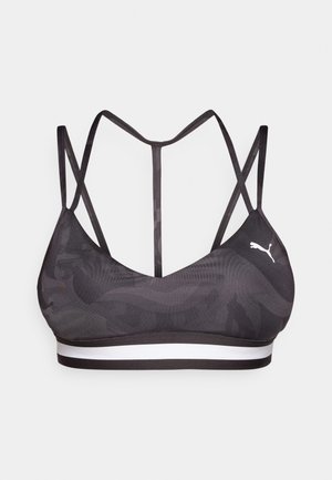Schwarzer Sport-BH mit Camouflage-Muster, ausgestattet mit verstellbaren dünnen Trägern und einem weißen Band am unteren Rand. Weicher, dehnbarer Stoff.
