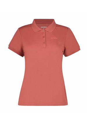 Damen-Poloshirt mit kurzen Ärmeln in Terrakotta-Farbe, mit Kragen, drei Knöpfen und kleinem Logo auf der linken Brust.