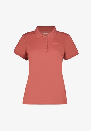 Polo femme à manches courtes, couleur terracotta, avec col, trois boutons et petit logo sur le côté gauche de la poitrine.