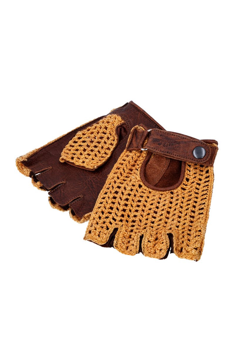 Braune Leder- und hellbraune gehäkelte Fingerlosen Handschuhe mit strukturiertem Finish. Mit einem verstellbaren Riemen und Öffnungen für die Knöchel für mehr Flexibilität.