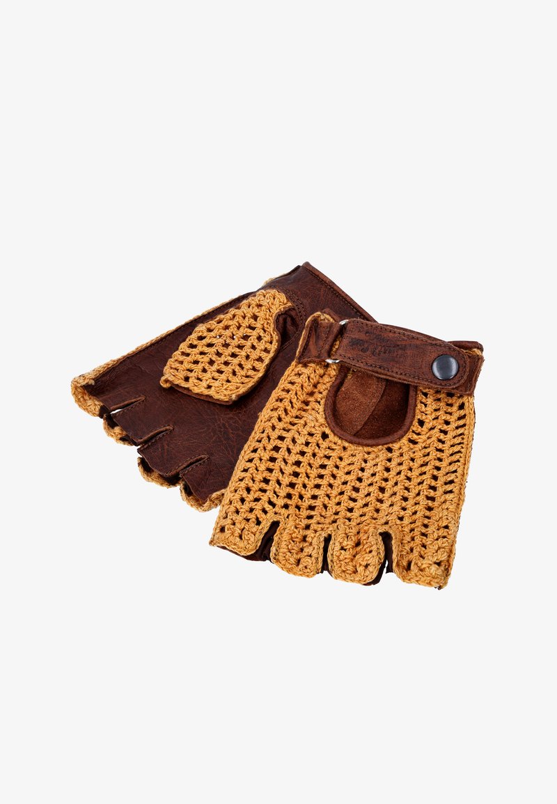 Braune Leder- und hellbraune gehäkelte Fingerlosen Handschuhe mit strukturiertem Finish. Mit einem verstellbaren Riemen und Öffnungen für die Knöchel für mehr Flexibilität.