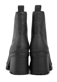 Black leather ankle boots featuring a chunky heel, smooth texture, pull tabs, and rubber soles with grip pattern.