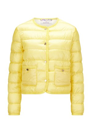Yellow quilted puffer jacket with a round neckline, snap buttons, two front pockets, and contrasting trim along the edges.