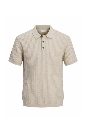 Beige gebreid poloshirt met korte mouwen, kabelpatroon, drieknopenlijst en geribde kraag en manchetten.