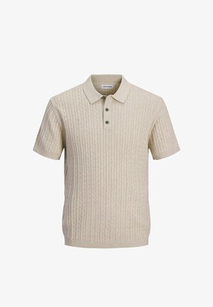 Bordinė trumpomis rankovėmis megzta polo marškinėliai su kaspinio raštu, trijų mygtukų uždarymu ir ribotu apykakle bei rankogalais.