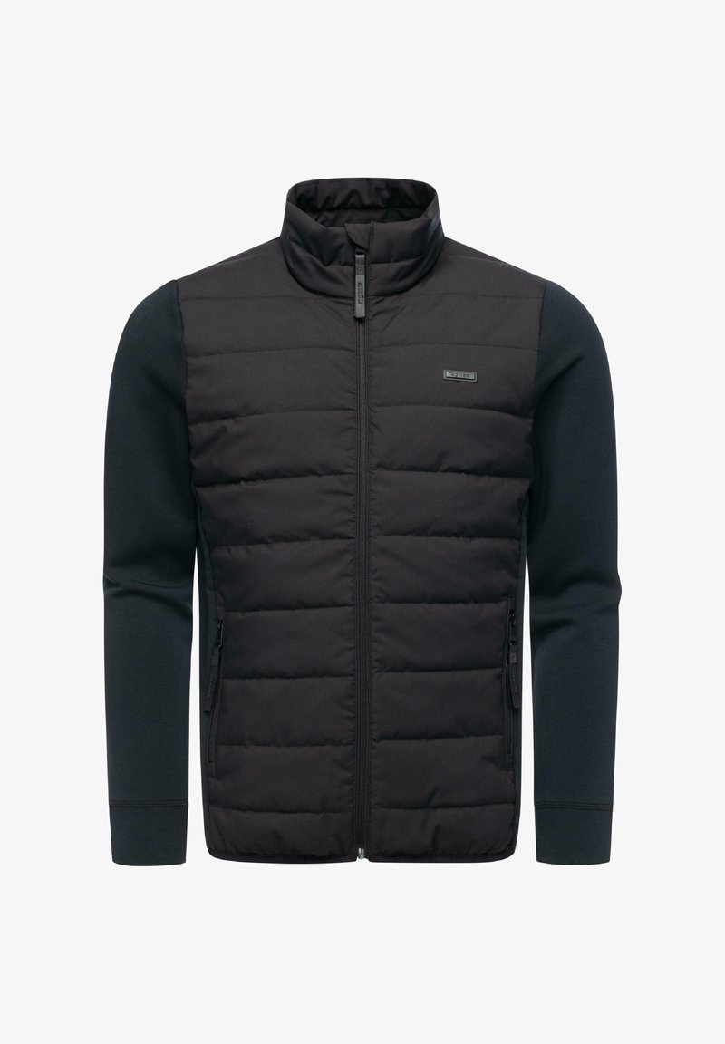 Schwarze Steppweste mit hohem Kragen und blauen langen Ärmeln. Verfügt über vordere Taschen mit Reißverschluss und ein strukturiertes Steppmuster am Körper.