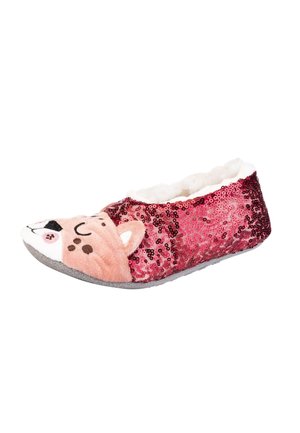Roze kinderslof met een pluchen dierengezicht op de teen en rode pailletten die de zijkanten bedekken, gevoerd met zacht wit stof aan de binnenkant.