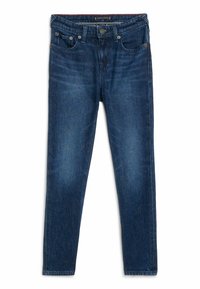 Jeans de mezclilla oscuros de corte slim con cinco bolsillos, cierre de botón y un ligero desgastado para textura. Diseño clásico con corte recto.