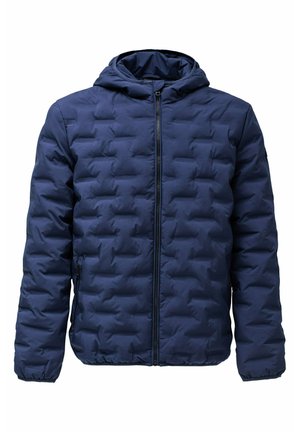 Giacca imbottita blu navy con cappuccio, dotata di zip frontale completa, polsini elasticizzati e una texture trapuntata con baffles verticali.