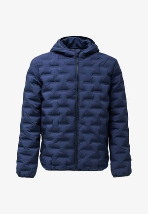 Granatowa pikowana kurtka z kapturem, z pełnym zapięciem na zamek błyskawiczny z przodu, elastycznymi mankietami i pikowanym wzorem z pionowymi przeszyciami.