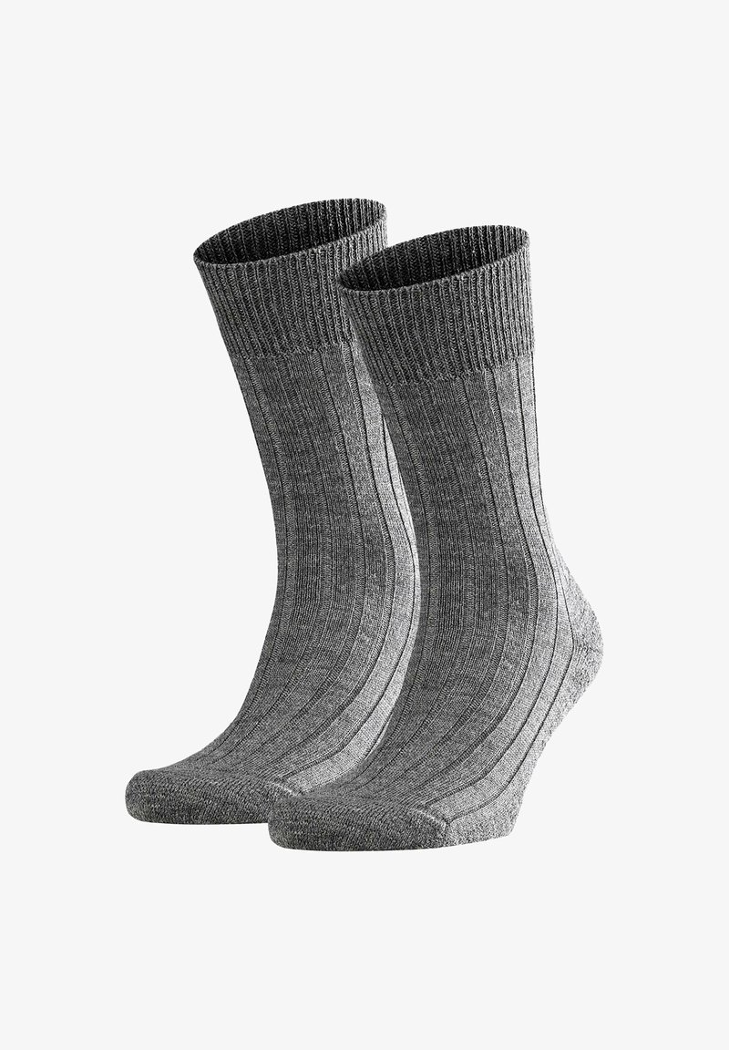 Gray ribbed socks featuring a textured design, with a soft, elastic cuff and reinforced toe for durability.