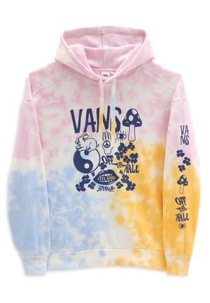 Värjätty huppari vaaleanpunaisena, sinisenä ja keltaisena, jossa on tummansininen Vans-logo, sieniä, kani, rauhanmerkki, kukkia sekä tekstit "Feel Good" etupuolella ja hihassa.