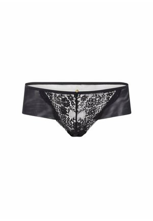 Sous-vêtements en dentelle noire avec un design en tissu transparent, ornés de motifs floraux, une large ceinture et un détail en or à l'avant.