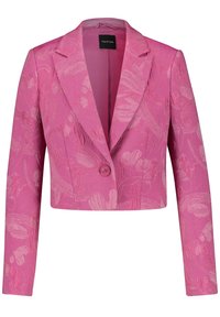 Blazer rose coupé avec un motif floral texturé, fermeture à un bouton, revers crantés et manches longues. Étiquette de marque : TAIFUN.