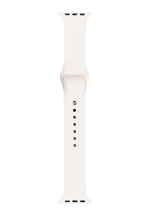 Weißes Silikon-Uhrenarmband mit mehreren Einstelllöchern und schwarzen Verbindungseinsätzen an beiden Enden.