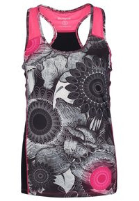Zwart-wit tanktop met bloempatronen, geaccentueerd met roze schouderbanden en zijpanelen. Zachte, rekbare stof met een racerback ontwerp.