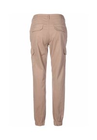 Béžové cargo kalhoty s elastickými manžetami, obsahující dvě zadní kapsy a boční kapsy. Vyrobené z odolné, texturované tkaniny.