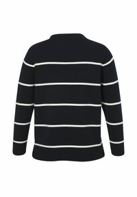 Navy blue sweater with white horizontal stripes, long sleeves, and a crew neck design. Soft texture with ribbed hem and cuffs.