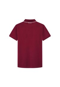 Bordový polo tričko vyrobené z bavlny, s klasickým golierom, krátkymi rukávmi a bielym prešitím na golieri. Bez viditeľných vzorov.