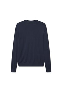Pullover lavorato a maglia blu navy con maniche lunghe, collo a giro e polsini e orlo a costine. Tessuto liscio con design minimalista.
