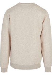 Sweat-shirt beige à manches longues avec col rond, poignets et ourlet côtelés, vu de dos sur un fond blanc.