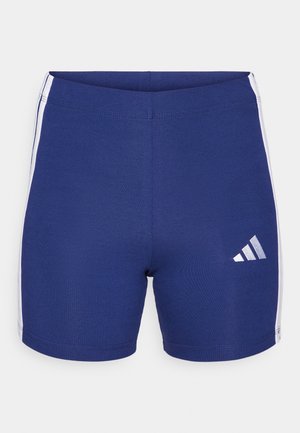 Marine atletisk shorts laget av elastisk stoff med hvite sidelommer og et reflekterende Adidas-logo på venstre ben.