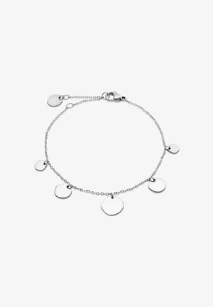 Zilveren armband met een delicate ketting, voorzien van vijf ronde hangers in verschillende maten en een kreeftenhaak voor het sluiten.