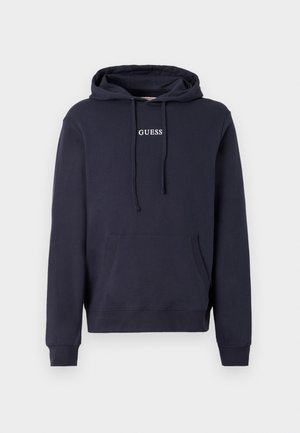 Kapuzenpullover in Marineblau aus einem Baumwollmischgewebe. Verfügt über eine Fronttasche im Kängurustil und ein gesticktes "GUESS"-Logo auf der Brust.