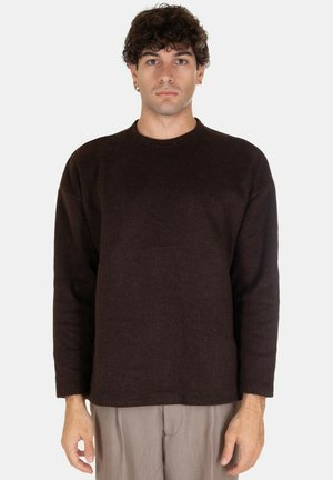 Maglione marrone a maniche lunghe realizzato in tessuto testurizzato con scollo rotondo. Presenta una vestibilità rilassata e un design minimalista senza motivi visibili.