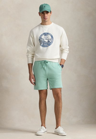 Ελαφρύ μπεζ φούτερ με μπλε γραφικό, σορτς μέντας και λευκά αθλητικά παπούτσια. Συνοδεύεται από ανοιχτό πράσινο καπέλο. Παρουσίαση casual εμφάνισης.