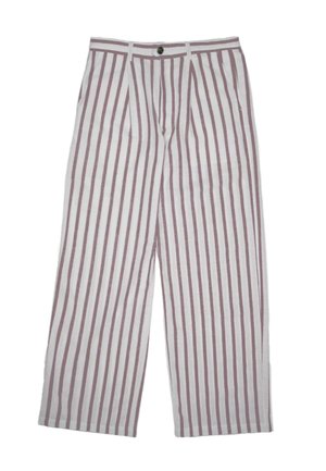 Striped wide-leg pants in white and light mauve, featuring a button closure, two side pockets, and a loose fit.