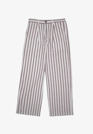 Dryžuoti platūs kelnių įdėjimai balti ir šviesiai mauvos, su mygtuko uždarymu, dviem šoninėm kišenėm ir laisvu siluetu.