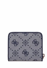 Portafoglio blu navy con tessuto testurizzato, caratterizzato da un motivo geometrico e un logo, chiusura con zip e bordi a contrasto.