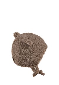 Brown curly fleece baby hat with bear ears and chin straps, cozy and soft for cold weather.