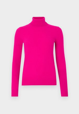 Pull à col roulé fuchsia en matière tricotée douce. Possède des manches longues, un col et un ourlet côtelés. Texture lisse et design ajusté.