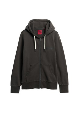 Mørkegrå zip-up hoodie med foret hætte, snortræk, to frontlommer og ribbede manchetter. Har et diskret logo på brystet.