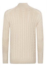 Großzügiger Strickpullover in Cremefarbe mit strukturierten, vertikalen Mustern, gerippten Bündchen und Saum. Die Designs ziehen sich über die Schultern und den Rücken.