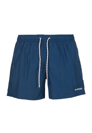 Costumi da bagno blu navy realizzati in tessuto leggero, con vita elastica, chiusura con cordoncino e logo bianco sul lato.