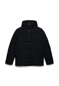 Giubbotto imbottito nero con cappuccio, sezioni trapuntate orizzontali, zip frontale e due tasche laterali. Realizzato in materiale leggero e resistente all'acqua.