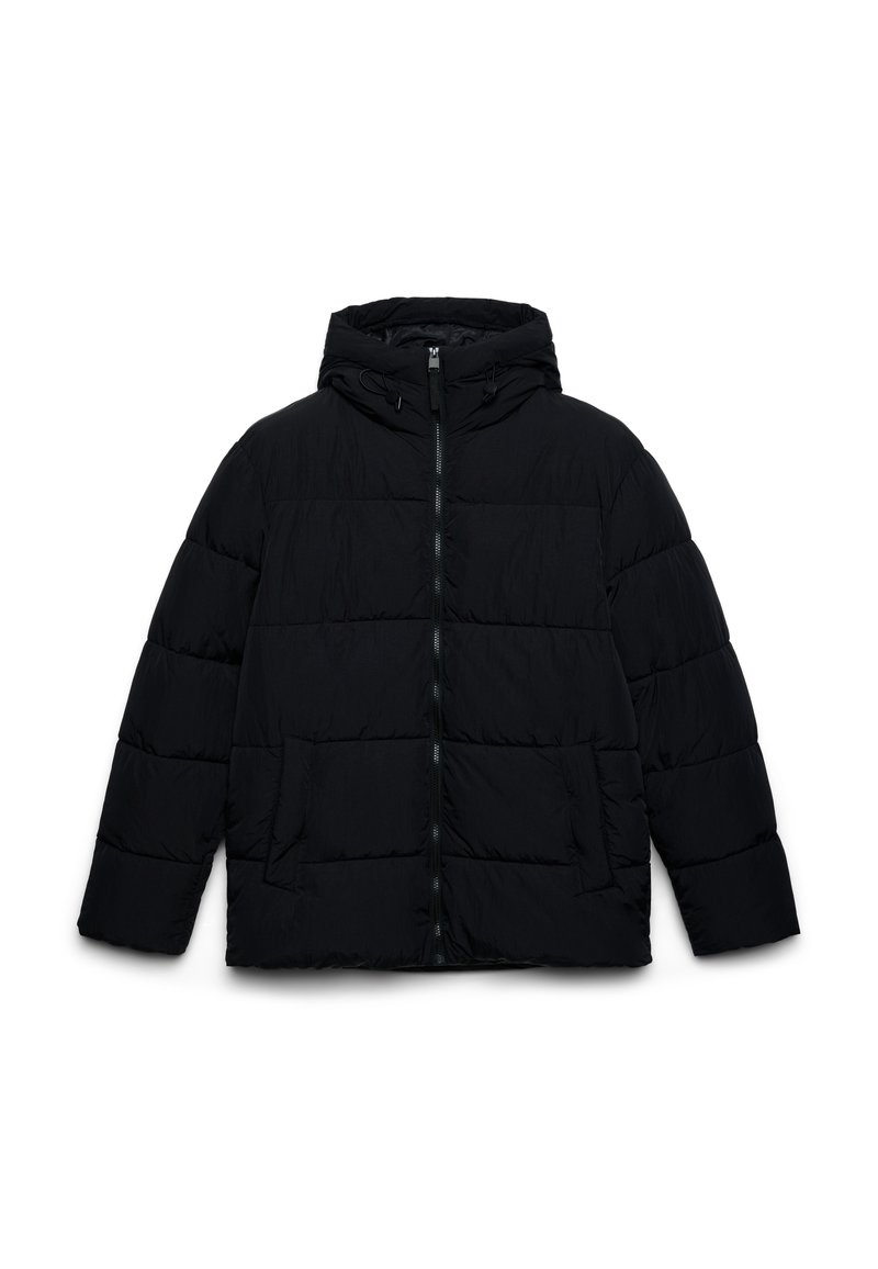 Giubbotto imbottito nero con cappuccio, sezioni trapuntate orizzontali, zip frontale e due tasche laterali. Realizzato in materiale leggero e resistente all'acqua.